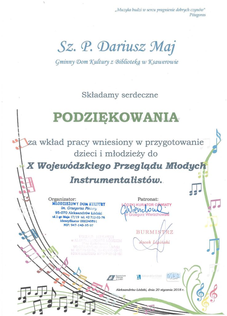 podziękowania dla Dariusza Maj