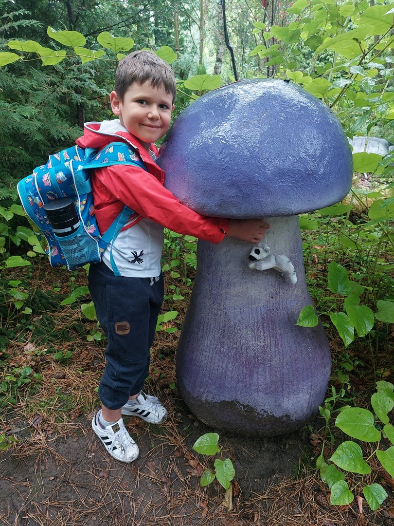 Grzybek uśmiechnięty chłopiec przy makiecie grzybka