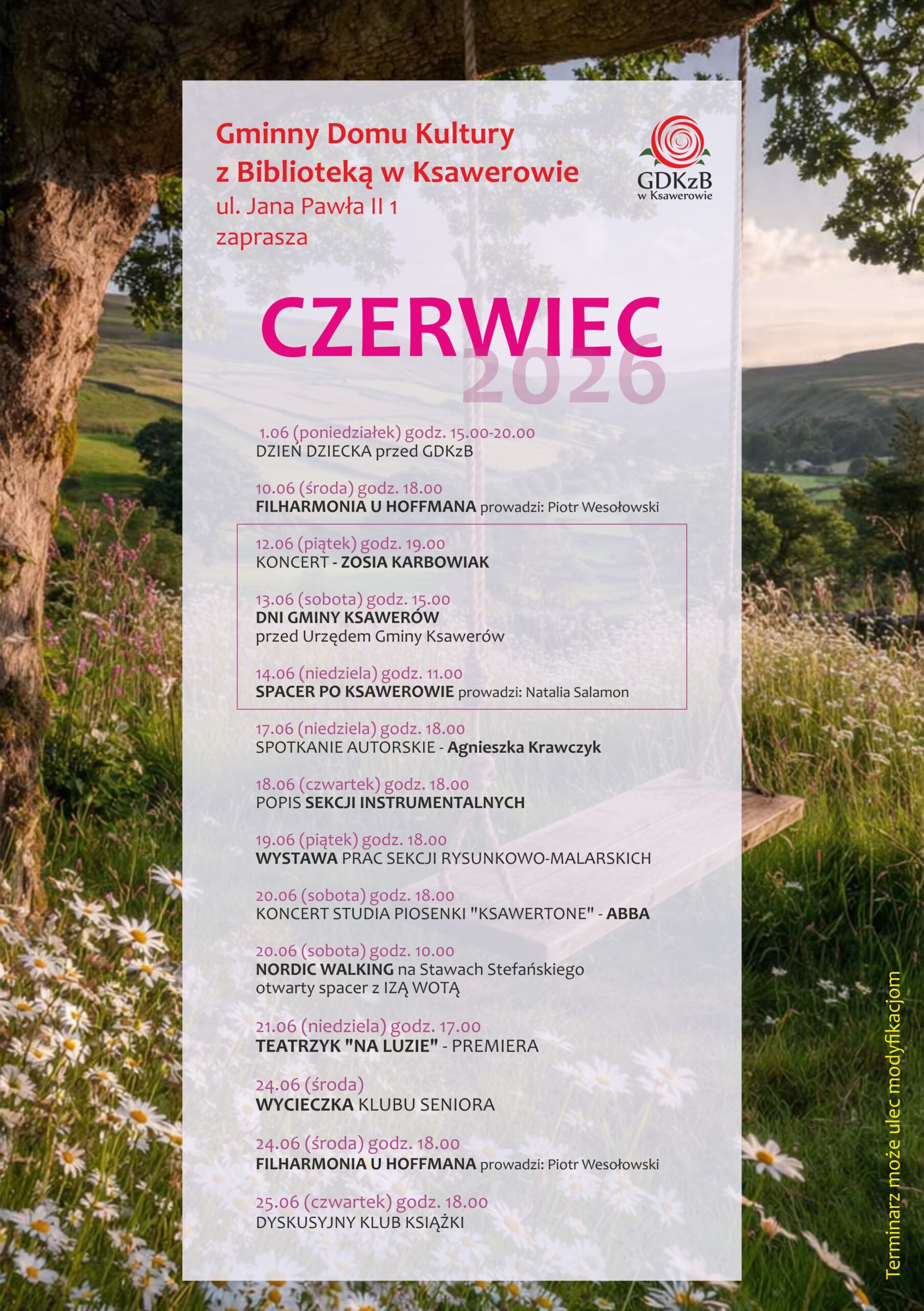 Plakat wydarzeń GDKzB w Ksawerowie - czerwiec 2026